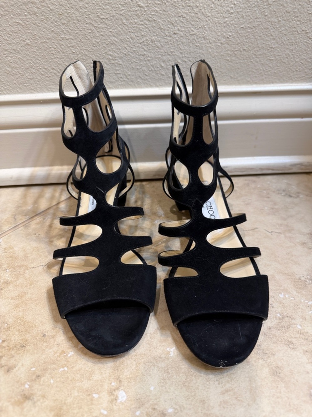 Jimmy Choo Black Suede Strappy Cutout Heels